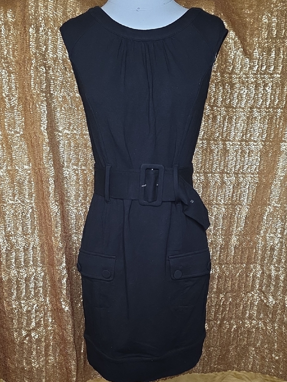 Guess by Marciano Black Sleeveless Belted Mini Dress with Patch Pockets